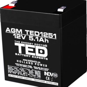 Acumulator 12V Stationar VRLA, Dimensiuni 90 x 70 x 98 mm, Baterie 12V 5.1Ah F2, TED Electric TED003157